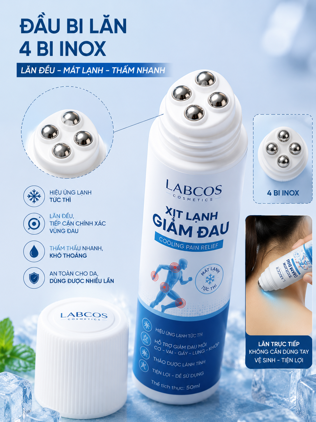 xịt lạnh giảm đau dạng con lăn massage